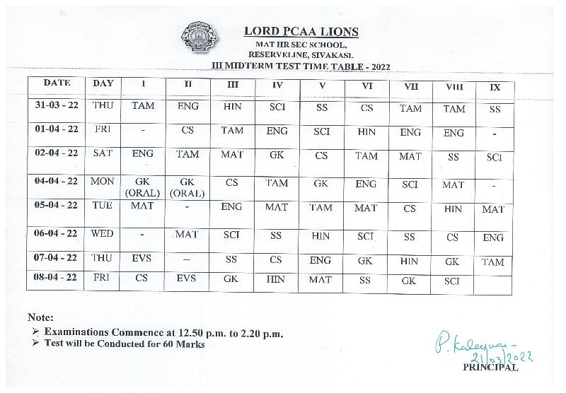 Lord Lions School Sivakasi III Mid Term Test Time Table 2022   Stds I   IX