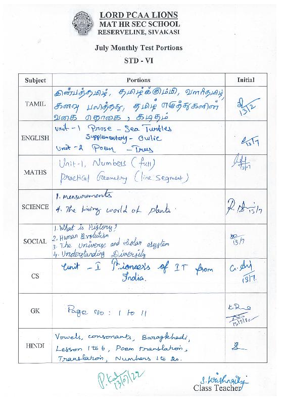 Lord Lions School Sivakasi July Monthly Test Portions
