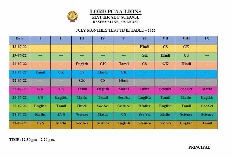 Lord Lions School Sivakasi July Monthly Test Time Table