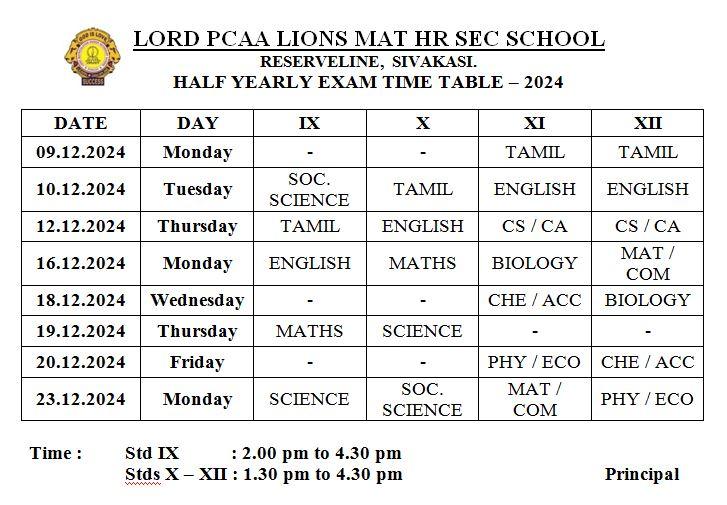 Lord Lions School Sivakasi Half yearly Exam Timetable