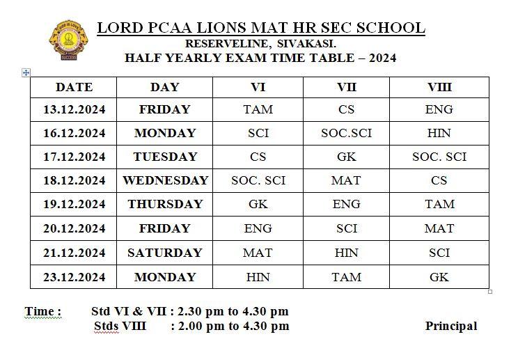 Lord Lions School Sivakasi Half yearly Exam Timetable