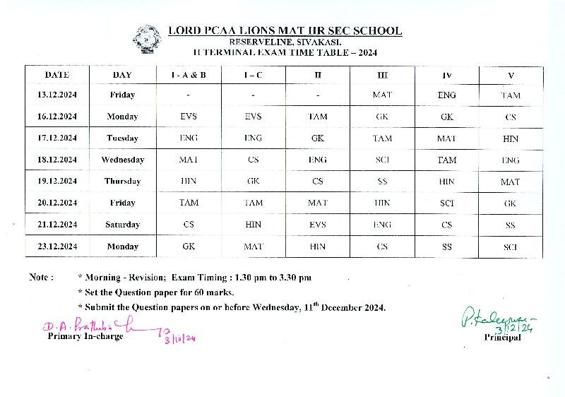 Lord Lions School Sivakasi Half yearly Exam Timetable