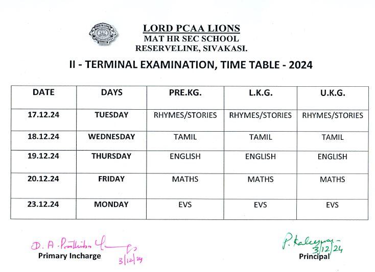 Lord Lions School Sivakasi Half yearly Exam Timetable